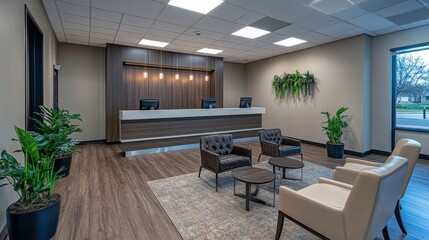 Fototapeta premium Modern Office Reception Area with Greenery
