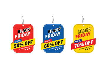 Black Friday offer dangler Vector template design, 50% off, 60% off, 70% off, Black friday realistic hanging sales label collection, tag, hand tag sticker multiple color. shopping sale sticker