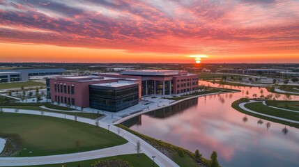 Fototapeta premium A stunning sunset over a modern building beside a serene pond, showcasing nature and architecture.