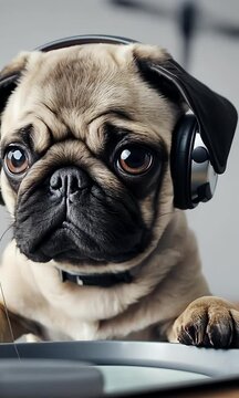 pug working call olated centre white puppy dog earphones isolated support listen music pet funny animal headset phone small young sound portrait cute