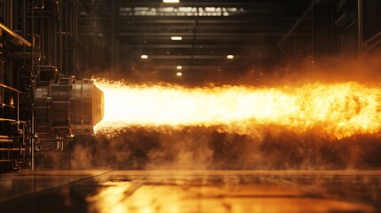 Rocket Engine Test with Roaring Flames in Industrial Setting