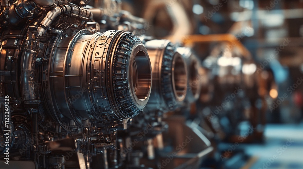 Poster intricate close-up of aircraft rocket engine parts in factory setting