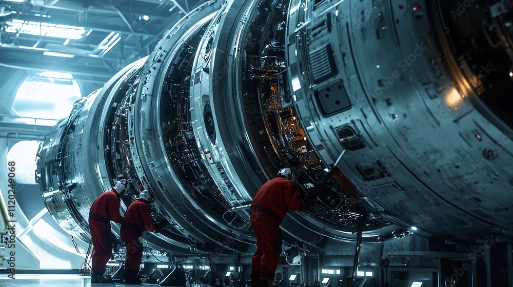 Poster engineers assembling internal systems of rocket in industrial setting
