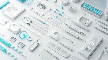 A collection of various dental and medical instruments arranged neatly on a white surface, showcasing precision tools and hygiene products.