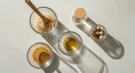 Sunlit kitchen ingredients display on white surface