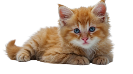 Adorable fluffy white kitten lying down with attentive eyes, perfect for pet-related stock images, online content, and social media posts.