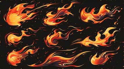 Set of bright and dynamic fire flames, cut out