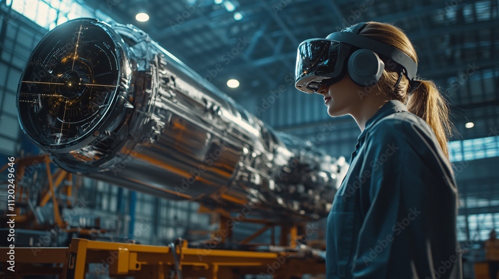 Poster workers using augmented reality gear in high-tech assembly environment