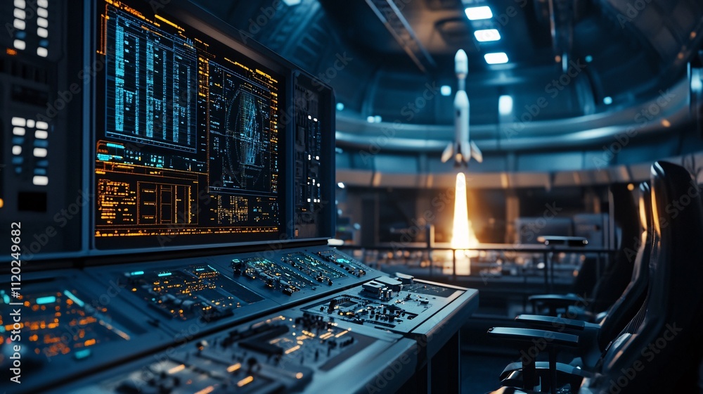Poster high-tech control room with rocket launching in simulation environment