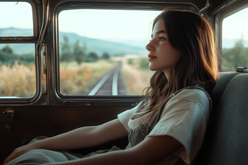 Fototapeta premium A lonely young woman sitting in a vintage train carriage, gazing out at the passing countryside with a nostalgic expression.