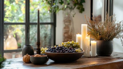 Elegant Still Life with Fruits and Candles in Soft Light