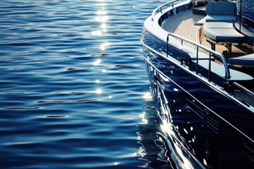 Luxury yacht's sleek hull reflects sunlight on calm blue water.