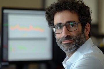 Professional Man with Curly Hair and Glasses Staring at Computer Screen in Modern Office Environment with Data Charts Displayed in Background