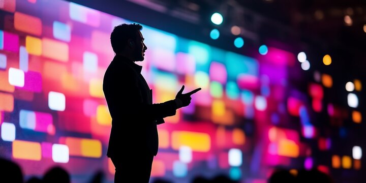 A male speaker silhouetted against a vibrant, colorful background during a dynamic presentation.