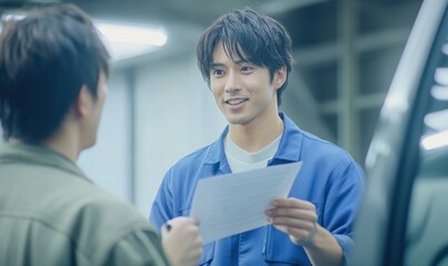 A mechanic in blue overalls is talking to the customer, who holds an open letter and has their hands on the gray-colored car window while standing next to them.