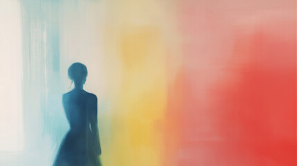 Renaissance lady stands gracefully against a colorful backdrop in an ethereal setting