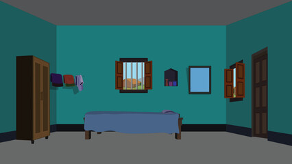 interior of a room with simple wooden bed,window,cupboard,door,mirror,wall niche.Indian village house inside house design vector illustration