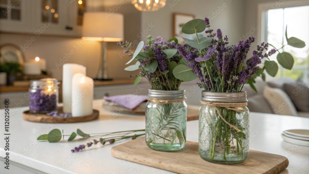 Poster dainty mason jars filled with fragrant lavender and eucalyptus rest atop the countertop adding a whi