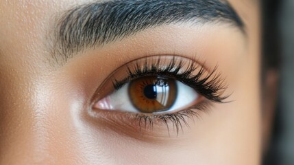 Fototapeta premium A mesmerizing amber eye of a Latino individual, surrounded by smooth skin and fine, natural lashes