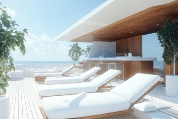 Luxury yacht deck with white sun loungers, a bar, and ocean views. Relaxing and elegant.