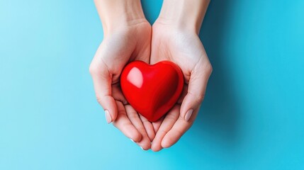 Obraz premium United in Saving Lives: World Blood Donor Day Hands Holding Red Heart on Pastel Blue Background