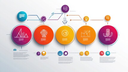 Colorful circular infographic showing a process or workflow with icons and connecting lines.