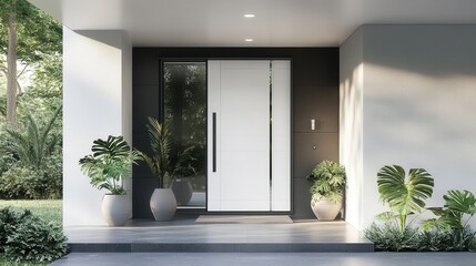 Modern Entrance with Stylish Plants and Door Design