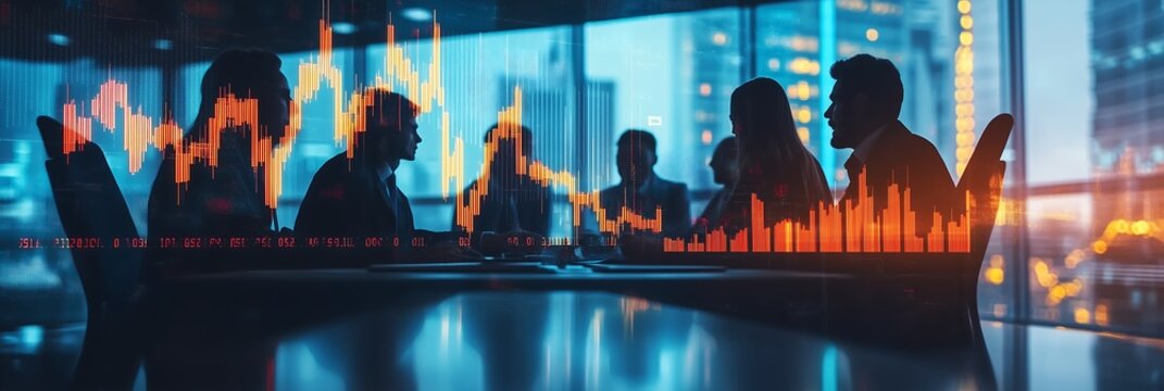 Business meeting with diverse professionals in a modern office, featuring financial data overlays.