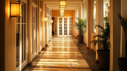Elegant Corridor with Warm Lighting and Plants