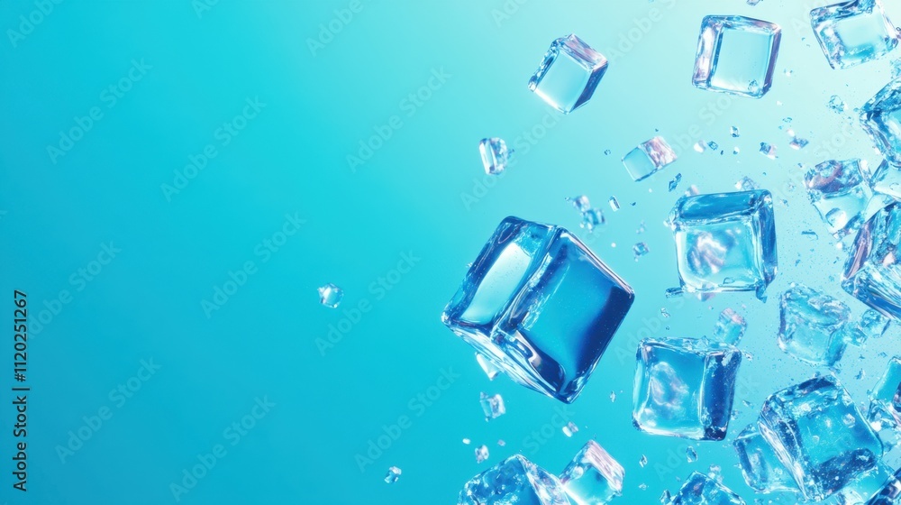 Poster ice cubes in vibrant blue background - refreshing and dynamic layout with copy space