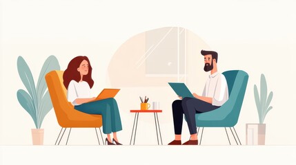 Modern office workspace with two professionals engaged in conversation while sitting in stylish chairs surrounded by plants and a bright atmosphere