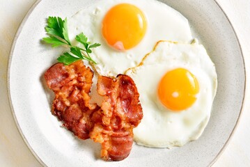Close up view of fried eggs with bacon