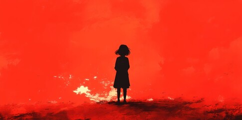 Fototapeta premium Silhouette Girl Stands Against Red Abstract Background