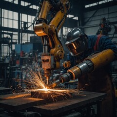 An industrial robot welding metal in a workshop.