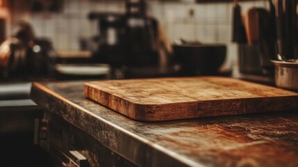 Rustic and Practical Kitchen Counter Bar Setup with Chopping Board for Clean Cooking