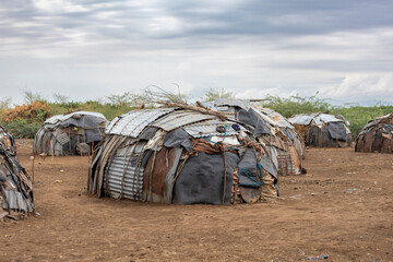 Make shift huts in a Dassanech tribe village in Southern Ethiopia