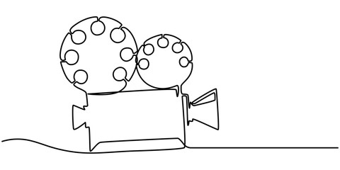 Continuous one line drawing of a retro cinema camera. Vintage cinema camera isolated on a white background. Vector illustration, Continuous line drawing from video camera, Continuous one line drawing.