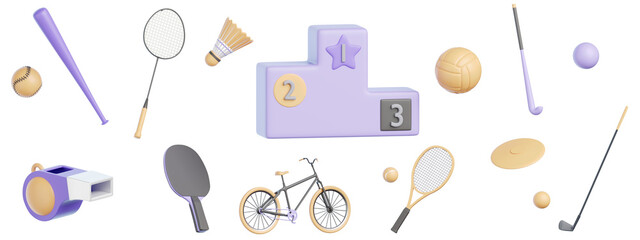 3D illustration of sports elements, a purple podium, a badminton racket and shuttlecock on the left side, a bicycle in the front center, a golf club in the top right corner, a ball 