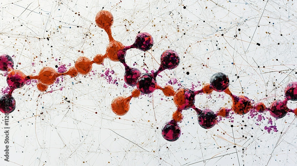 Poster an abstract representation of a molecular structure, featuring colorful spheres connected by lines, 