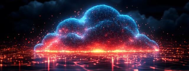 Fototapeta premium 3D cloud made of circuit board, glowing blue data flowing out from the clouds, black background, 