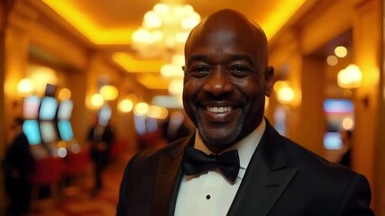 Black African American smiling casino host interacting with guests, creating an unforgettable VIP atmosphere