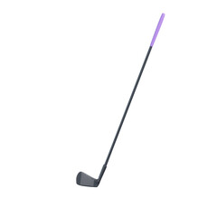 3D render of a golf club isolated on a white background, with a simple design and a minimalistic style. The color palette is black and purple. 