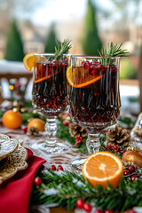 Two glasses of festive Christmas drink. Glasses with alcoholic beverage decorated with a Christmas tree branch and pomegranate berries. Table set for Christmas celebration, decorated with a Christmas.