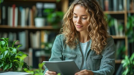 Young woman with curly hair reading a book in a cozy indoor setting surrounded by green plants and bookshelves creating a peaceful atmosphere
