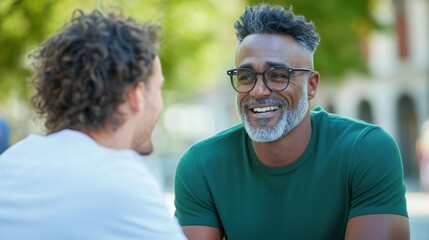 Obraz premium Two men engaged in a joyful conversation outdoors, showcasing friendship and connection in a vibrant natural setting with smiles and laughter.