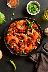 Creole style jambalaya with prawn, smoked sausages and vegetables