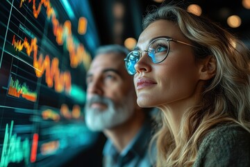 Business professionals analyzing financial data on a screen, showcasing trends, graphs, and stock market fluctuations in a modern office environment