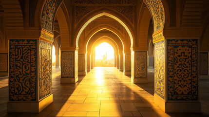 masjid interior sunlight streaming through the arches of the masjid, islamic background, generative ai