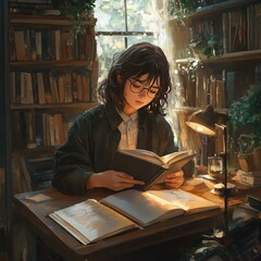 Girl Reading Books In A Cozy Library Setting