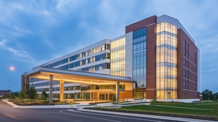 Obraz premium Modern multi-story building with large glass windows and landscaped entrance.